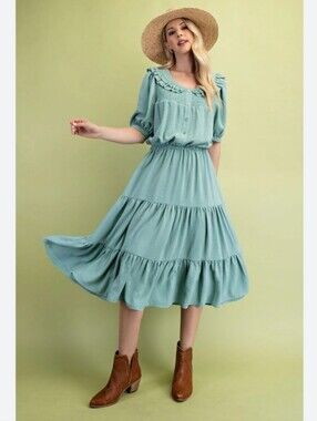 Gigio USA green tiered midi dress with a smocked waist